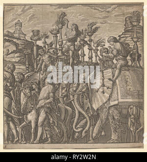 Der Triumph des Julius Caesar: Elefanten mit Fackeln, 1593-99. Andrea Andreani (Italienisch, ca. 1558 - 1610), der nach Andrea Mantegna (Italienisch, 1431-1506). Chiaroscuro Holzschnitt Stockfoto