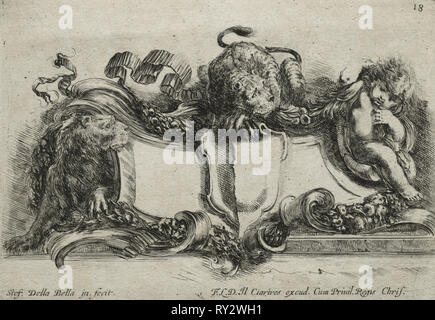 Sammlung von verschiedenen Launen und neue Designs für Kartuschen und Ornamente: Nr. 18. Stefano Della Bella (Italienisch, 1610-1664). Ätzen Stockfoto