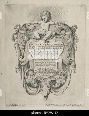 Sammlung von verschiedenen Launen und neue Designs für Kartuschen und Ornamente: Nr. 1, Titel Seite. Stefano Della Bella (Italienisch, 1610-1664). Ätzen Stockfoto