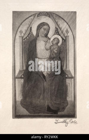 Alten italienischen Meister: Thronende Madonna mit Kind, Vogel, 1885. Timothy Cole (American, 1852-1931). Holzstich Stockfoto