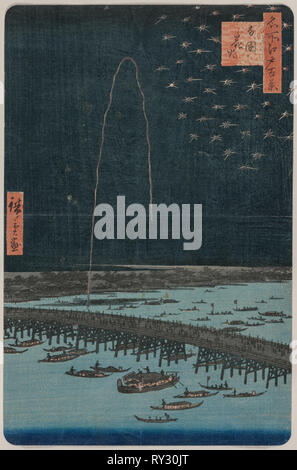 Feuerwerk in der Ryōgoku-Brücke, aus der Serie 100 einen Blick auf die berühmten Orte in Edo, 1858. Utagawa Hiroshige (Japanisch, 1797-1858). Farbe holzschnitt; Blatt: 33,7 x 22 cm (13 1/4 x 8 11/16 in Stockfoto