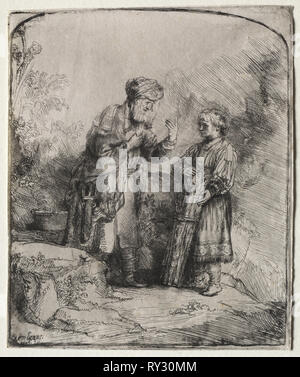 Abraham und Isaak, 1645. Rembrandt van Rijn (Niederländisch, 1606-1669). Radierung mit kaltnadel und Burin; Blatt: 15,6 x 13,1 cm (6 1/8 x 5 3/16 in. Stockfoto