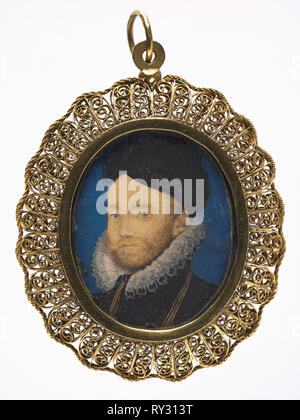 Porträt eines Mannes, 1590 s. Nicholas Hilliard (Briten, C. 1547-1619). Aquarell auf Pergament, in einem späteren vergoldeten Metallrahmen; gerahmt: 5,5 x 4,6 cm (2 3/16 x 1 13/16 in.); ohne Rahmen: 3,5 x 2,3 cm (1 3/8 x 7/8 in Stockfoto