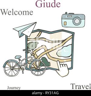 Map Design Konzept mit Telefon, Fahrrad, Rucksack und Welt navigation Flachbild Icons Set isoliert Vektor-illustration grunge style Textur, Klammer gezogen Stock Vektor
