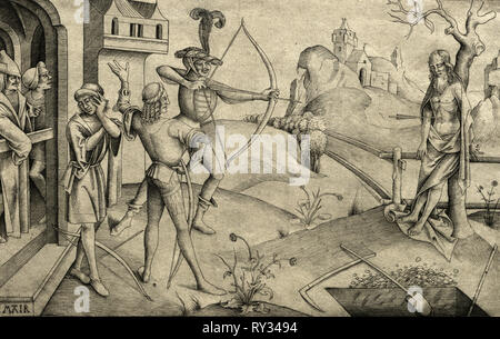 Des Königs Söhne Schießen auf Körper ihrer toten Vater, 1495-1504. Nicolaus Alexander Mair von Landshut (Deutsch, 1520). Gravur Stockfoto