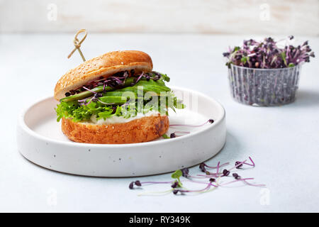Grün Burger mit Avocado, Gurke, Frischkäse und Micro Grüns auf eine weisse Platte Stockfoto