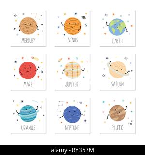Vector Illustration cute cartoon Solar System. Cute Planeten mit lustigen lächelnde Gesichter. Lustig Universum für Kinder. Pluto, Mars, Merkur, Erde, Venus, Stock Vektor