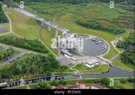 Luftaufnahme der Falkirk Wheel, die Forth & Clyde Kanal mit der Union Canal in der Nähe von Falkirk, Schottland verbindet. Stockfoto