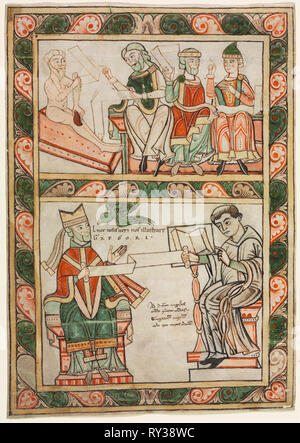 Titel Seite von St. Gregory's 'Moralia': Job besucht durch seine drei Freunde (oben) und Gregor der Große und sein diakon Peter (unten), c. 1143-1178. Vermutlich durch Abt Frowin (Schweiz). Tusche, Tempera und Gold auf Pergament; Blatt: 27,3 x 19 cm (10 3/4 x 7 1/2 in.); gerahmt: 52,4 x 39,7 cm (20 5/8 x 15 5/8 in.); verfilzt: 48,9 x 36,2 cm (19 1/4 x 14 1/4 in Stockfoto