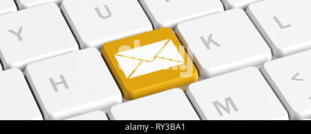 E-mail Konzept. Gelbe Taste Taste mit Umschlag auf einer PC-Tastatur, Banner. 3D-Darstellung Stockfoto