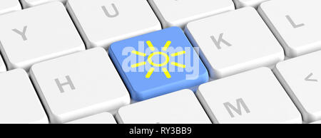 Wettervorhersage, sonnigen Tag Konzept. Blaue Taste Taste mit Symbol auf einer PC-Tastatur, Banner. 3D-Darstellung Stockfoto