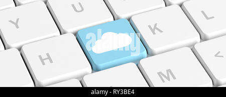 Cloud Computing Konzept. Blaue Taste Taste mit einer Wolke auf einer PC-Tastatur, Banner. 3D-Darstellung Stockfoto