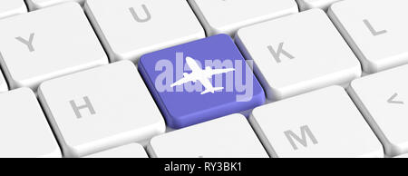 Flug, online buchen. Blaue Taste Taste mit einem Flugzeug Symbol auf einer PC-Tastatur, Banner. 3D-Darstellung Stockfoto