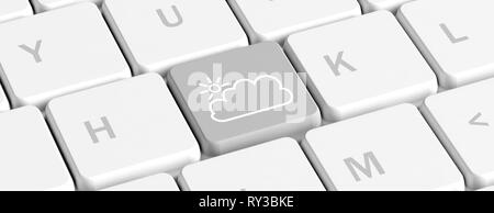 Wettervorhersage, bewölkten Tag Konzept. Graue Taste Taste mit Wolke und Sonne Symbol auf einer PC-Tastatur, Banner. 3D-Darstellung Stockfoto