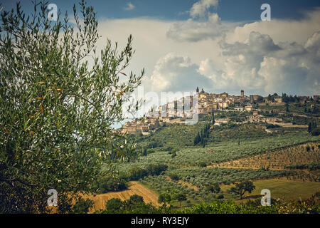 Luftaufnahme der mittelalterlichen Stadt Trevi in Umbrien (Italien). Querformat. Stockfoto