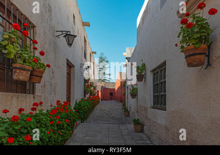 Eine Gasse mit roten Geranien im Kloster Santa Catalina, berühmt für sein Kloster Nonnen, im Stadtzentrum von Arequipa, Peru. Stockfoto