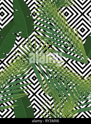 Schönen tropischen abstrakte Farbe und grüne Palmenblättern vektor Muster auf dem Hintergrund der geometrischen diagonale schwarze und weiße Linien Stock Vektor