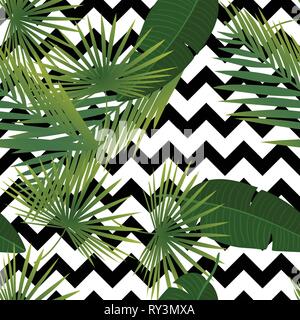 Schönen tropischen abstrakte Farbe und grüne Palmenblättern nahtlose Vektor Muster auf dem Hintergrund der geometrischen diagonale schwarze und weiße Linien Stock Vektor