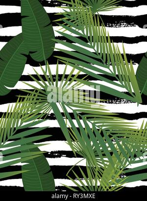 Schönen tropischen abstrakte Farbe und grüne Palmenblättern nahtlose Vektor Muster auf dem Hintergrund der geometrischen diagonale schwarze und weiße Linien Stock Vektor