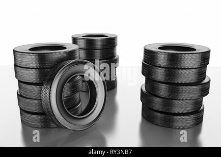Neue winterreifen mit einem modernen Lauffläche auf dem schwarzen Hintergrund. 3D-Bild mit hoher Auflösung. Reifen für Lkw- und Pkw Stockfoto