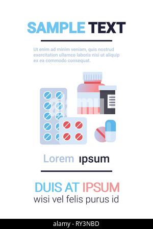 Medizinische Versorgung Behandlung Pillen Tabletten Die Flasche healthcare Arzneimittel Rezept Konzept Infografik Vorlage kopieren Raum vertikale Vektor Stock Vektor