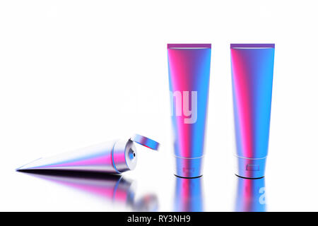 3D-Rendering. Ping glänzend Kunststoffrohr für Medizin oder Kosmetik - Creme, Gel, Hautpflege, Zahnpasta. Realistische Verpackung mit flip top Abdeckung auf weißem Hintergrund. Stockfoto