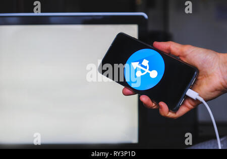 Usb-Anbindung hand Smartphone usb Kabel mit weißem leerer Bildschirm im Hintergrund halten. Stockfoto