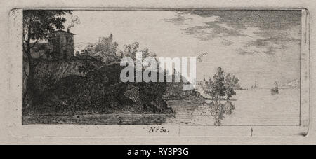 Ferienhaus auf einem felsigen Promentory entlang eines Flusses. Antoine de Marcenay de Ghuy (Französisch, 1724-1811). Ätzen Stockfoto