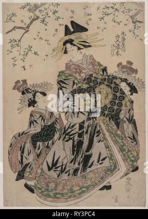 Der Kurtisane Katakoshigi (?) der Maruebiya mit ihrem Kamuro Ageha und Midori, C. 1805. Utagawa Toyokuni (Japanisch, 1769-1825). Farbe holzschnitt; Blatt: 26,8 x 37,8 cm (10 9/16 x 14 7/8 in Stockfoto