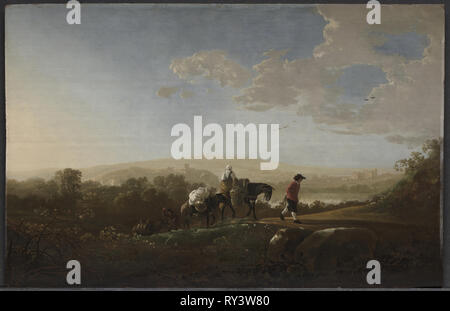 Reisende in der hügeligen Landschaft, C. 1650. Aelbert Cuyp (Niederländisch, 1620-1691). Öl auf Holz; gerahmt: 70,8 x 96,6 x 9 cm (27 7/8 x 38 1/16 x 3 9/16 in.); ohne Rahmen: 48 x 74,5 cm (18 7/8 x 29 5/16 Zoll Stockfoto