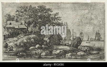 Landschaft mit zwei leeren Boote. Allart van Everdingen (Niederländisch, 1621-1675). Ätzen Stockfoto