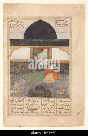 Bahram gur besucht die Prinzessin von Indien in die Schwarze Pavillon, Illustration und Text, persischen Versen (recto); Bahram gur besucht die Prinzessin von Indien, Text Seite, persischen Versen (verso), C. 1400-1410. Iran, möglicherweise Täbris oder Shiraz, Timurid, Anfang des 15. Jahrhunderts. Opak Aquarell und Tusche auf Papier; Bild: 18,7 x 12,3 cm (7 3/8 x 4 13/16 in.); Insgesamt: 23,2 x 15,5 cm (9 1/8 x 6 1/8 in.); Text: 18,2 x 12 cm (7 3/16 x 4 3/4 in Stockfoto