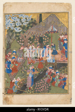 Royal Fest in einem Garten, verso der rechten Folio von der Doppel-seite Frontispiz einer Shah-nama von Firdausi (Persisch, ca. 934 - 1020), C. 1440. Opak Aquarell, Gold, Silber auf Papier; Bild: 26,3 x 20,7 cm (10 3/8 x 8 1/8 in.); Insgesamt: 32,5 x 22,1 cm (12 13/16 x 8 11/16 in Stockfoto