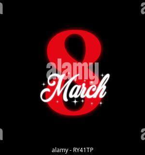 Rot 8 März Grußkarte. Internationaler Tag der Womans. Vektor. schwarzem Hintergrund Kunst Stock Vektor
