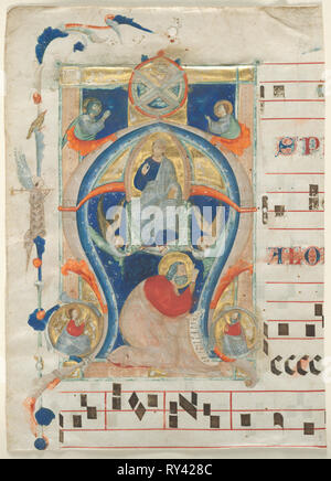 Fragment einer Antiphonar mit Historisierte Initiale (A): Christus in Majestät, 1308. Neri da Rimini (Italienisch). Tusche, Tempera und Gold auf Pergament; Blatt: 34 x 24 cm (13 3/8 x 9 7/16 in Stockfoto