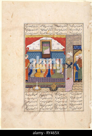 Nushirwan sendet Mihran Sitad zu holen, die Tochter des Königs von China (Recto); Die Nushirwan Forty-Eighth Jahr des Kï¿½igreichs. Die Bekämpfung der Khaqan von China mit dem Haithalians (Verso), C. 1482. Iran, Shiraz, Turkoman Zeitraum, aus dem 15. Jahrhundert. Opak Aquarell, Tusche und Gold auf Papier; Bild: 14,7 x 15 cm (5 13/16 x 5 7/8 in.); Insgesamt: 32,5 x 23,2 cm (12 13/16 x 9 1/8 in.); text Fläche: 23 x 15,5 cm (9 1/16 x 6 1/8 in. Stockfoto