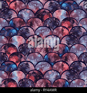 Helle Skalen Formen abstract Grunge bunte Spritzer Textur Aquarell nahtlose Muster in dunklem Grau, Rot, Blau Farbpalette mit Schwarz Stockfoto