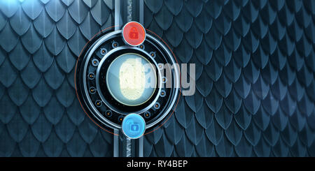 3D-Bild aus Metall Skalen Hintergrund mit großen digitalen Fingerabdruck Genehmigung Block und zwei glühende Hängeschlösser. Biometrische Authentifizierung Daten Stockfoto