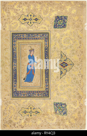 Prinzessin mit Weinflasche und Cup (recto); persischen Versen (verso), C. 1550-1600 (recto); c. 1450-1500 (verso). Iran, Qazvin oder Isfahan, Safawiden Periode (1501-1722) (recto); Iran, möglicherweise Timurid Periode (1370-1501) (verso). Opak Aquarell, Tinte und Gold auf Papier; verso Bild: 11,8 x 5,3 cm (4 5/8 x 2 1/16 in.); Vorderseite: 12,2 x 5,7 cm (4 13/16 x 2 1/4 in.); Insgesamt: 37,1 x 24,8 cm (14 5/8 x 9 3/4 in Stockfoto