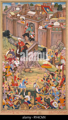 Die Belagerung von Arbela in der Ära von Hulagu Khan, Seite von einem chingiz-nama (Buch der Chingiz Khan) Der Dschami al-tavarikh (Kompendium der Chronik) von Rashid al-Din (Persisch, 1247-1318), C. 1596. Basavana (Indisch, Aktive c. 1560 - 1600), Sur Das (Inder). Farbe auf Papier; Bild: 34 x 20 cm (13 3/8 x 7 7/8 in.); Insgesamt: 38,5 x 25 cm (15 1/4 x 9 13/16 in.); mit Matte: 49 x 36,3 cm (19 5/16 x 14 5/16 Zoll Stockfoto