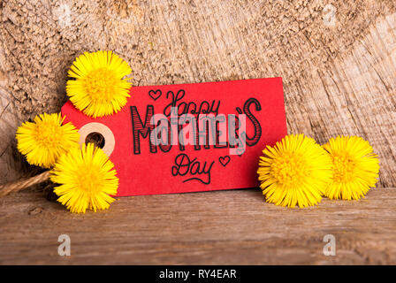 Red Label, Löwenzahn, Kalligraphie glücklich Muttertag Stockfoto