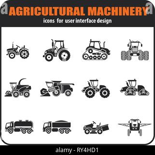 Landwirtschaftliche Fahrzeuge Symbole gesetzt Stock Vektor