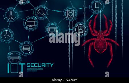 IOT cybersecurity spider Konzept. Persönliche Daten Sicherheit Internet der Dinge smart home Cyber Attack. Hacker Angriff Gefahr firewall Innovation System Stock Vektor