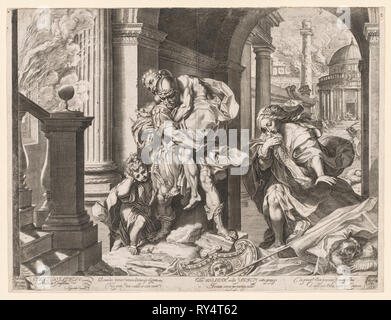 Aeneas und seiner Familie auf der Flucht vor Troja, 1595. Agostino Carracci (Italienisch, 1557-1602), nach Federico Barocci (Italienisch, 1528-1612). Gravur Stockfoto