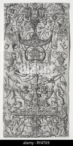 Ornament Panel mit einem Vogelkäfig, C. 1500-1512. Nicoletto da Modena (Italienisch). Gravur; Bild: 26,2 x 12,9 cm (10 5/16 x 5 1/16 Zoll Stockfoto