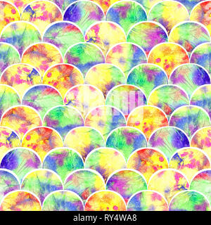 Helle Skalen Formen abstract Grunge bunte Spritzer Textur Aquarell nahtlose Muster in gelb Farbpalette mit Rot, Grün und Blau Stockfoto