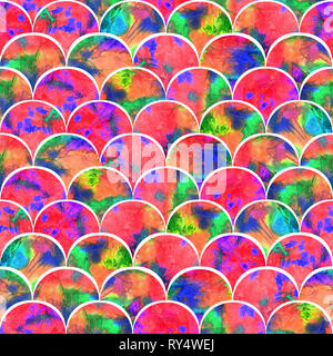 Helle Skalen Formen abstract Grunge bunte Spritzer Textur Aquarell nahtlose Muster in Rot und Gelb Farben Palette Stockfoto