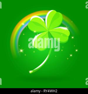 Glück und viel Glück Metapher. Lucky Four Leaf Clover Glanz und Hell an einer Steigung dunkelgrünen Hintergrund. Klee mit Regenbogen Saint Patrick's Day sym Stock Vektor