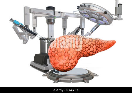 Robotische Chirurgie der Bauchspeicheldrüse Konzept, 3D-Rendering auf weißem Hintergrund Stockfoto