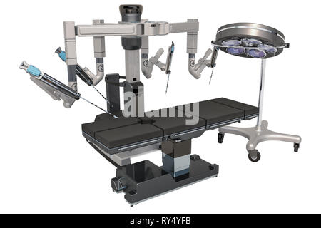 Robotic chirurgischen Systems mit OP-Licht und OP-Tisch, 3D-Rendering auf weißem Hintergrund Stockfoto